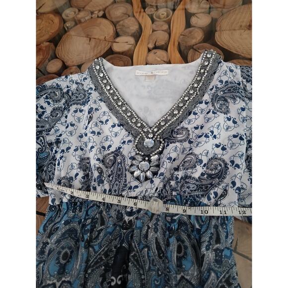 Boston Proper Peasant Bell Sleeve Paisley Beaded Rhinestone Bling Blouse Size 0 - Picture 8 of 10